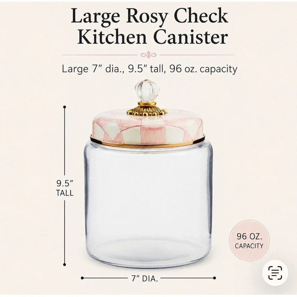 Mackenzie Childs Large Rosy Check Pink and White Glass Canister New